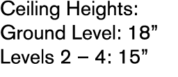 Ceiling Heights: Ground Level: 18” Levels 2 – 4: 15” 